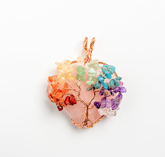 Crystelling Rose Quartz Pendant Wired With 7 Chakra Drilled Crystal Life Tree