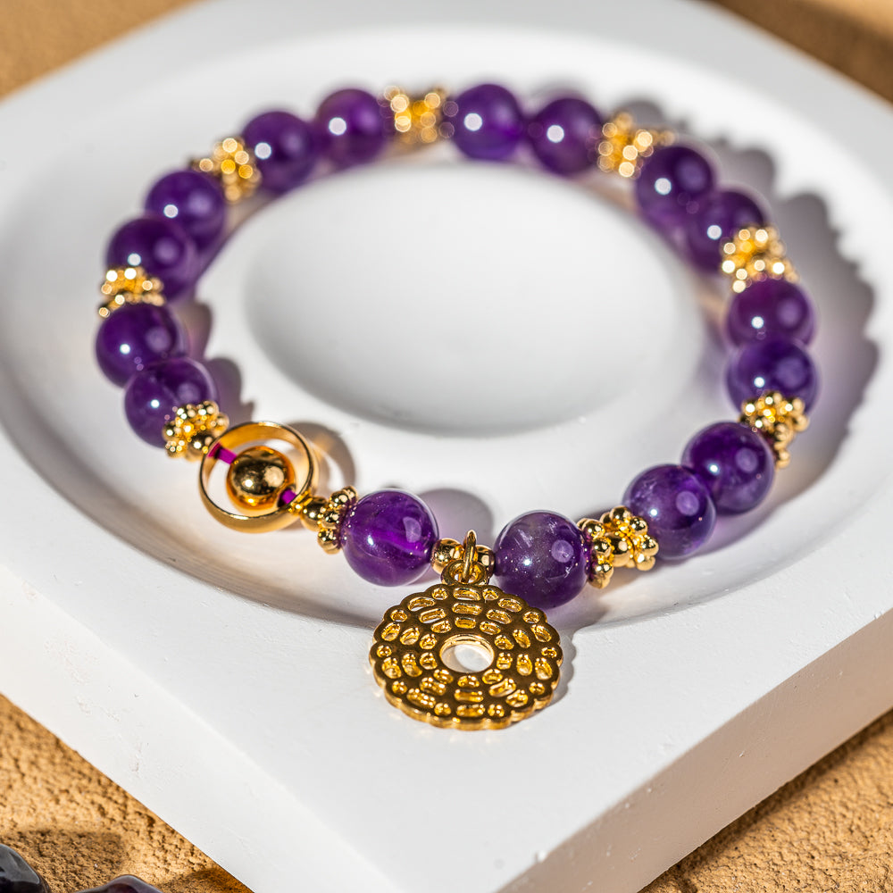 Crystelling Amethyst Bracelet with Golden Crown Chakra Sign