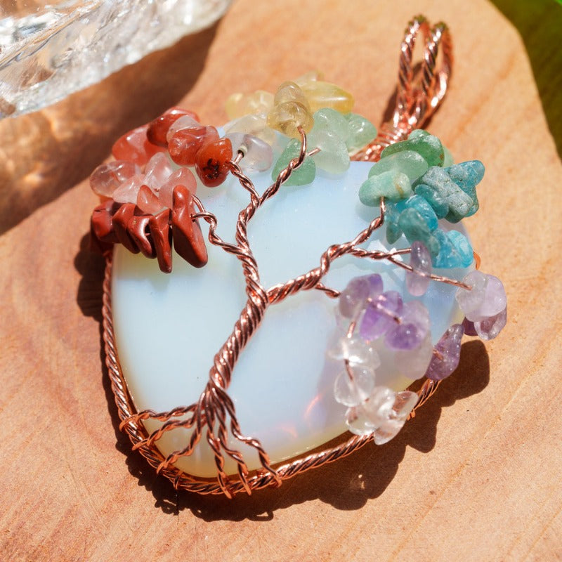 Crystelling Opalite Heart Shape Pendant Wired With 7 Chakras Life Tree