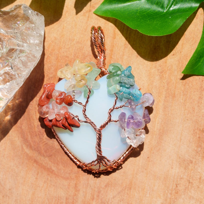 Crystelling Opalite Heart Shape Pendant Wired With 7 Chakras Life Tree