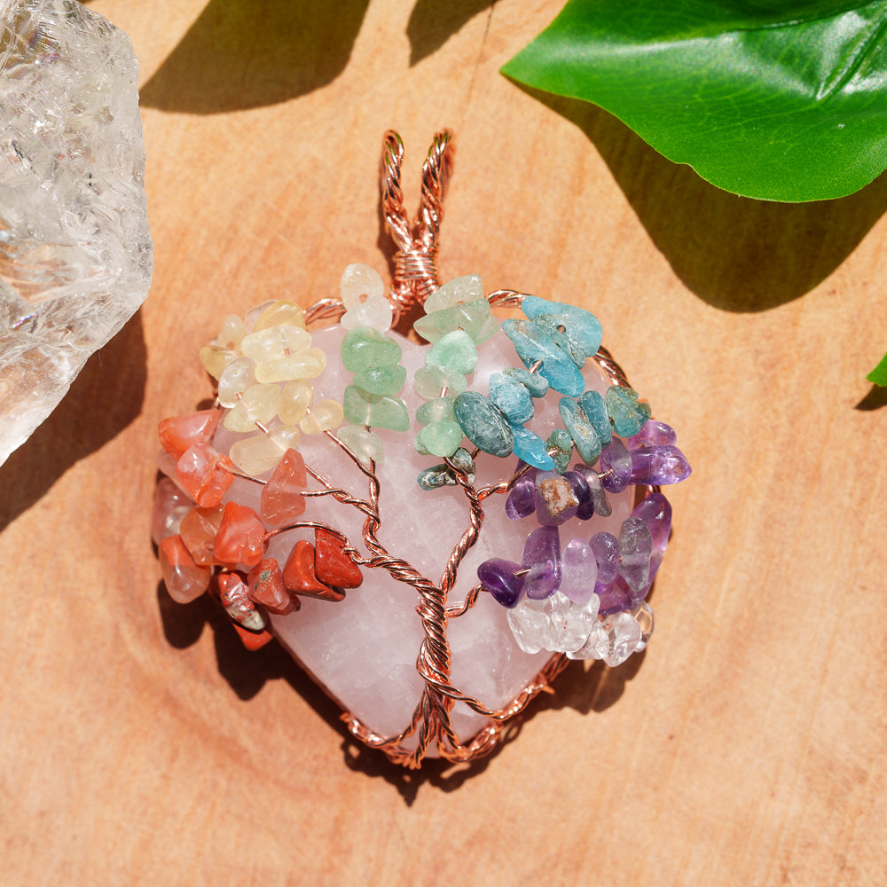 Crystelling Rose Quartz Pendant Wired With 7 Chakra Drilled Crystal Life Tree