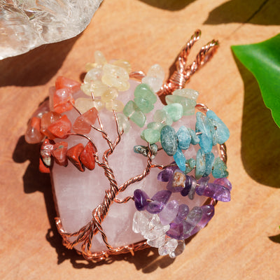 Crystelling Rose Quartz Pendant Wired With 7 Chakra Drilled Crystal Life Tree