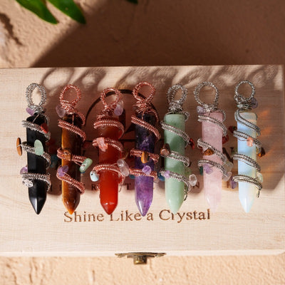 Crystal point pendant wired with crystal charkra chips gift box