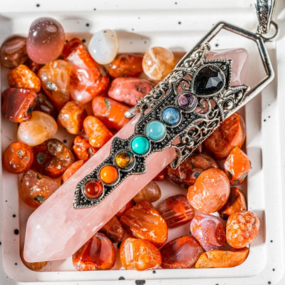 rose quartz double terminated pendant with chakra